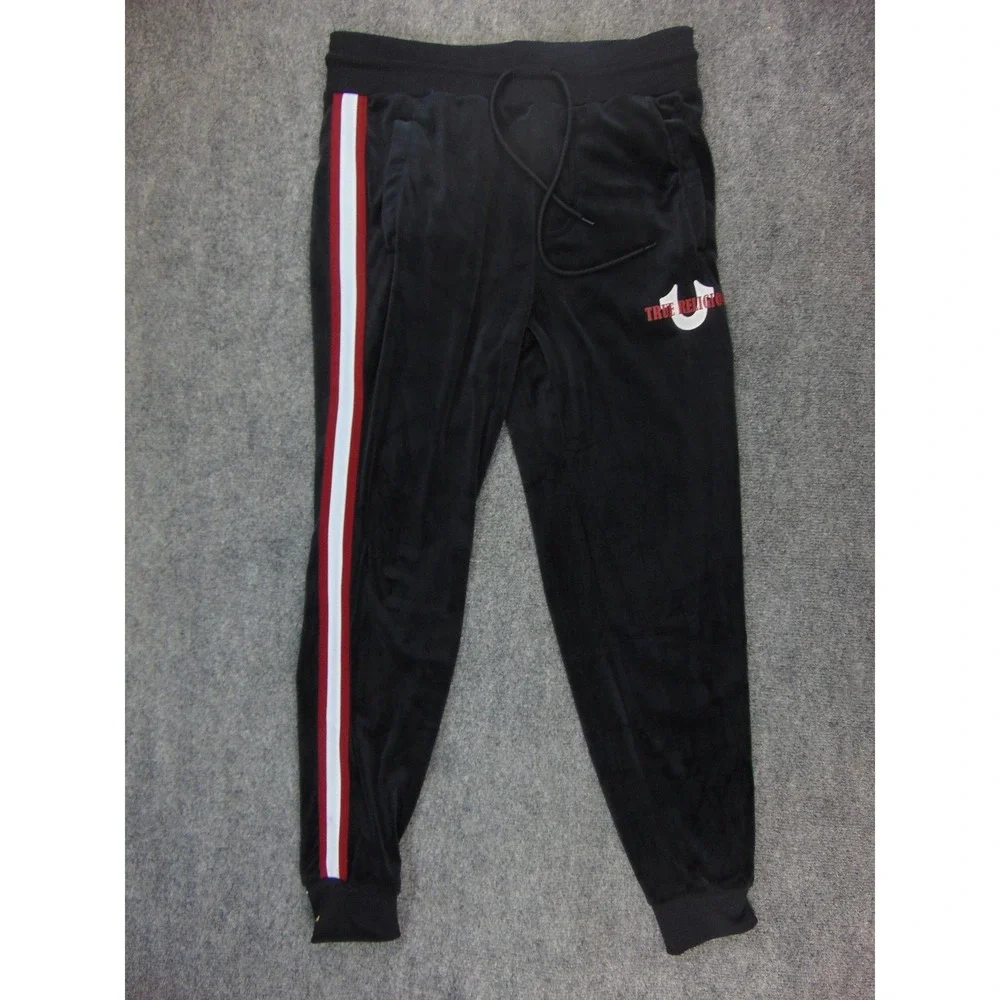True Religion Joggers Mens Small Black Velour Side Stripe Track Pants Streetwear